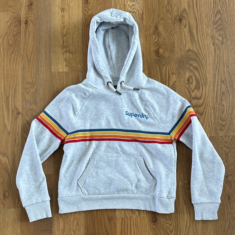 Superdry Light Gray Hoodie with Colorful Stripes